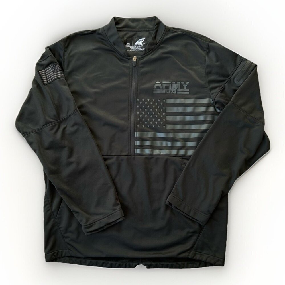 Army Performance 1/2 Zip Pullover Jacket Mens Size Large Black USA & Flag Decals